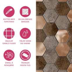 Online Bente hexagon selvklebende veggfliser Veggfliser | Til Kjøkkenvegg