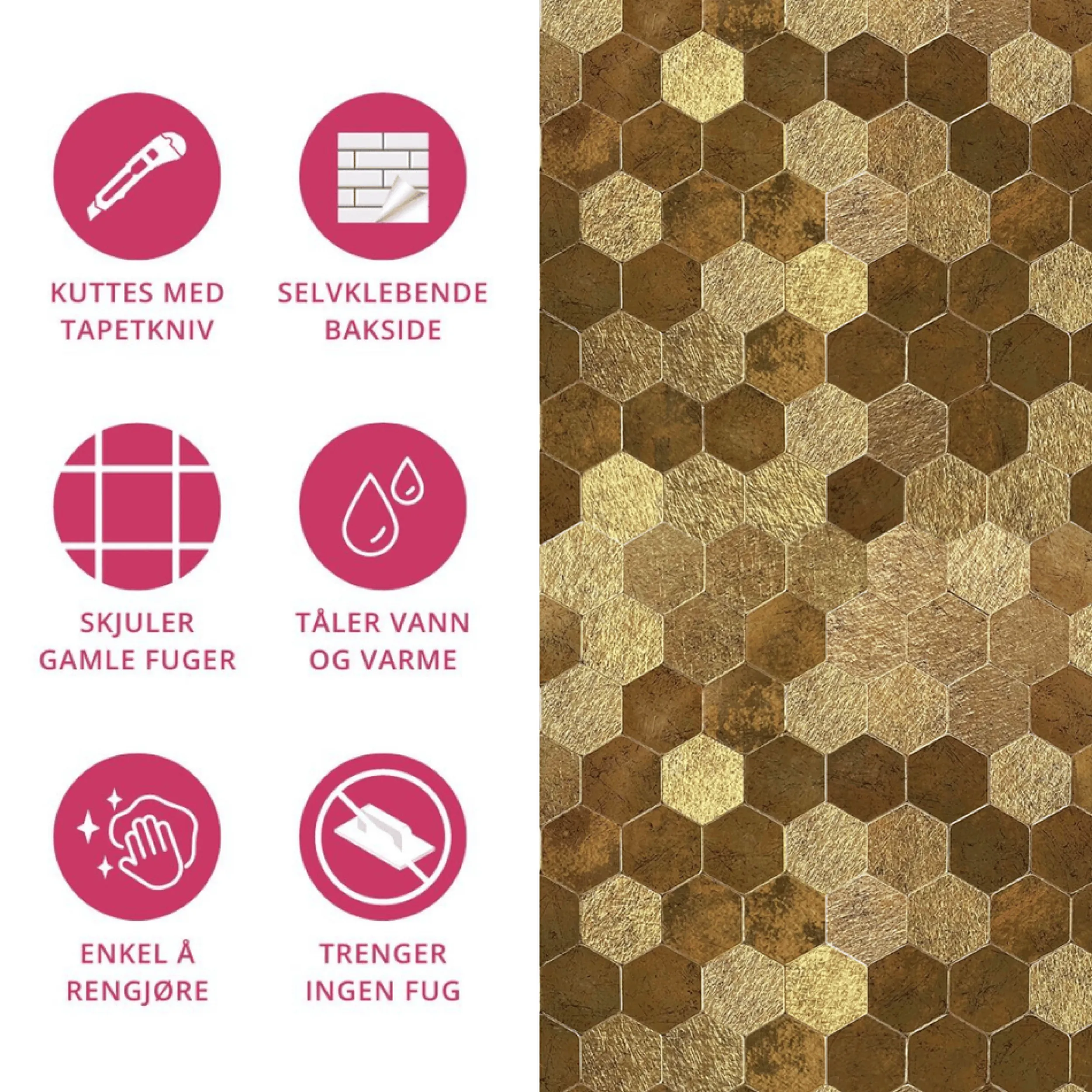 Fashion Hexagon gold selvklebende veggfliser Veggfliser | Til Kjøkkenvegg