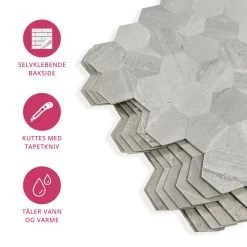 Fashion Hexagon lysegrå betong selvklebende veggfliser Veggfliser | Til Kjøkkenvegg